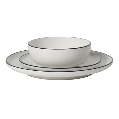Gibson Home Havenstone - Juego de vajilla de porcelana de 12 piezas, platos de cena, platos de ensalada y cuencos, clásico blanco con borde negro, apto para el hogar, cocina, microondas y lavaplatos