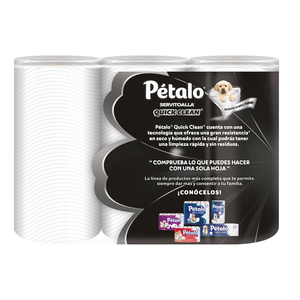 Pétalo Quick Clean, Servitoalla Paquete con 6 rollos de 156 Hojas Dobles Cada Uno, Rápida Absorción en 3 Segundos