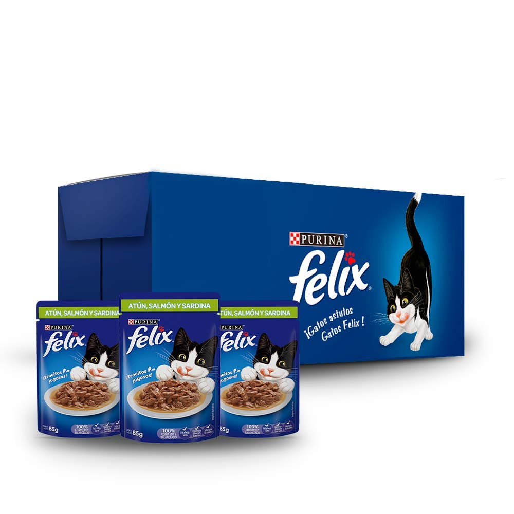Felix Alimento Húmedo Sabor Atun Salmon y Sardina, Paquete con 24 Pzas de 85g