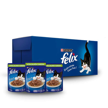 Felix Alimento Húmedo Sabor Atun Salmon y Sardina, Paquete con 24 Pzas de 85g
