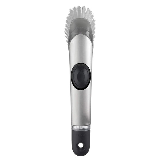 OXO SteeL Soap Dispensing Dish Brush | OXO - cepillo para polvo dispensador de jabón de acero, cepillo para polvo para platos con mango para sartenes, fregadero