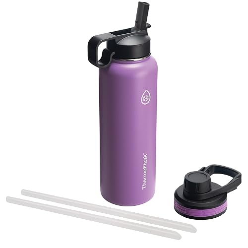 Thermoflask Botella de agua doble aislada de acero inoxidable con dos tapas, 40 onzas, ciruela