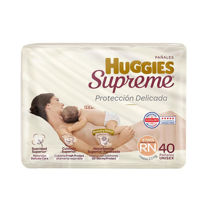 Pañal Huggies Supreme, unisex con 40 pzs, etapa Recién Nacido, para bebés de hasta 3.5 kg. Único clinica y dermatologicamente probado