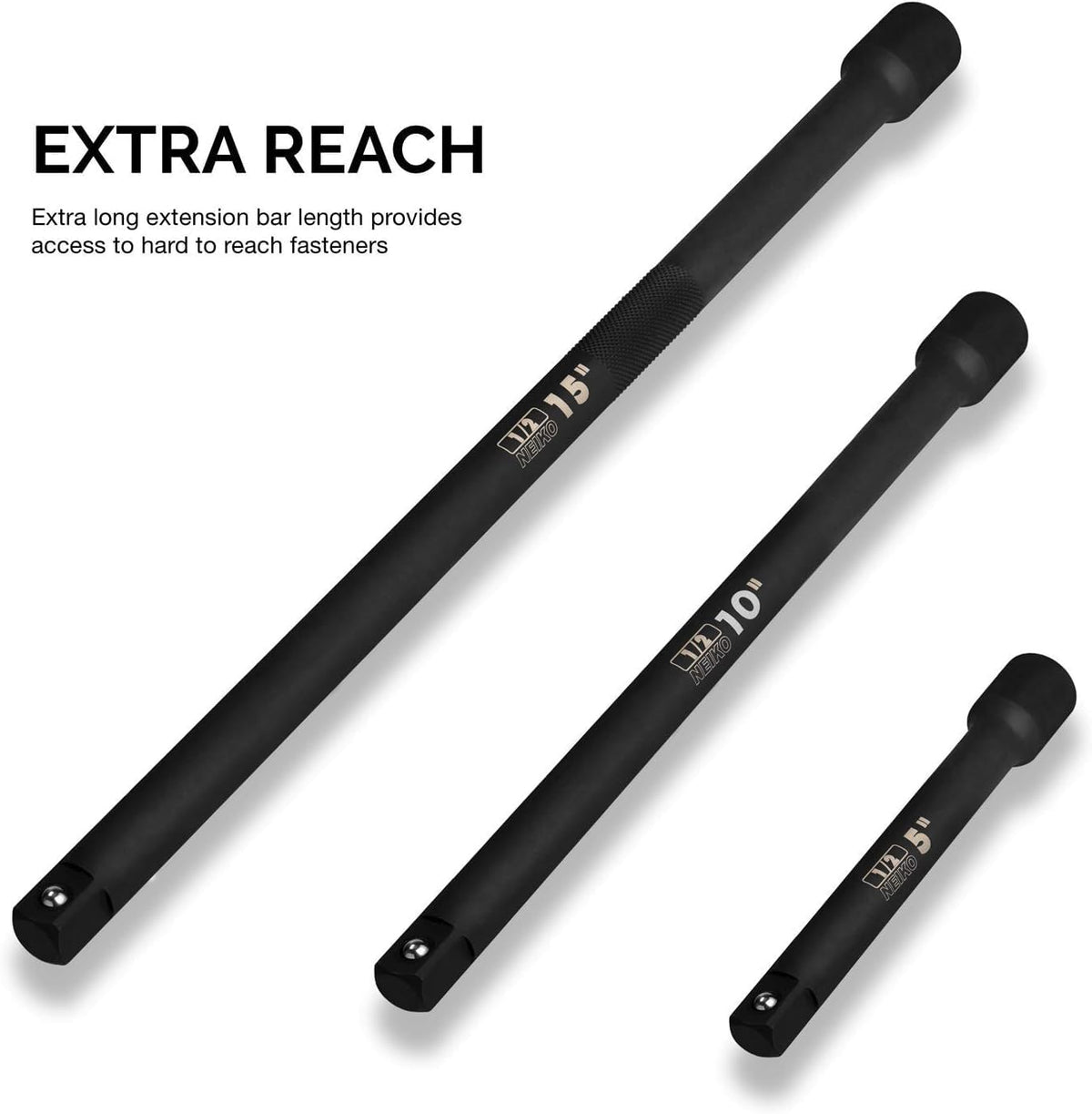 Neiko 00256A - Juego de barra de extensión de impacto y adaptador, 5 piezas, incluye barras de extensión de 5, 10, 15 pulgadas, junta universal y reductor