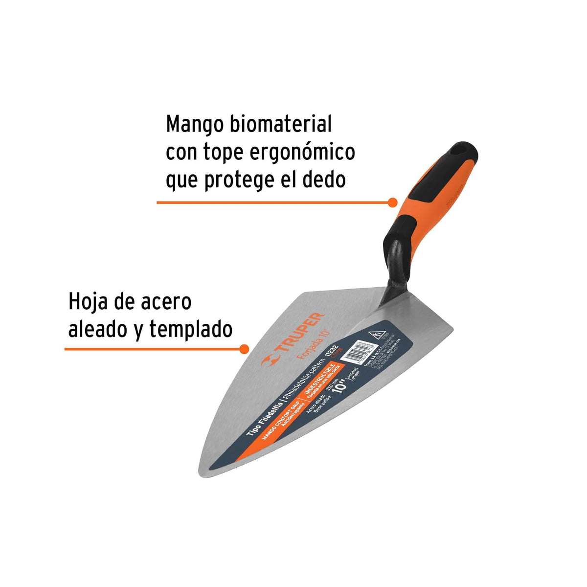 Truper CT-10B, Cuchara para albañil tipo Filadelfia 10" mango