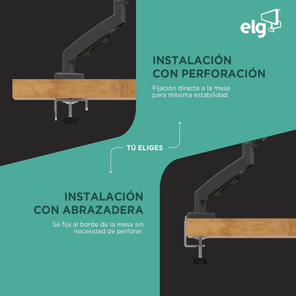 ELG Soporte de Escritorio para Monitor con Pistón de Gas, Brazo Articulado con Giro, Inclinación y Rotación 360°, para Pantallas de 17 a 35 Pulgadas de 2 a 9 kg, VESA 75x75 y 100x100 mm, Negro