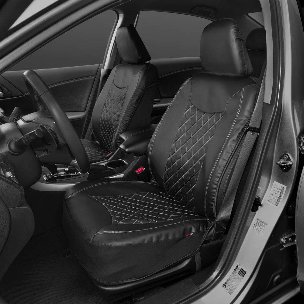 Motor Trend Fundas de Asiento de Piel Sintética con Costuras Negras para Asientos Delanteros, Negro, OS-244-SL