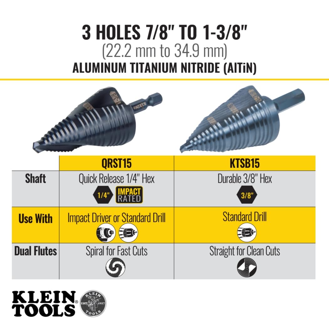 Klein Tools QRST15 Broca escalonada, espiral de liberación rápida, doble fluida, 7/8 a 1-3/8 pulgadas, vástago hexagonal, acero cortado, madera, plástico, aluminio