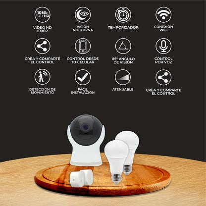 Tecnolite Connect - Kit de Control Básico que Contiene 1 Cámara de Monitoreo Interior, 2 Focos LED Inteligentes, 2 Enchufes Inteligentes, Todos en Color Blanco Compatible con App. Iluminación Interior