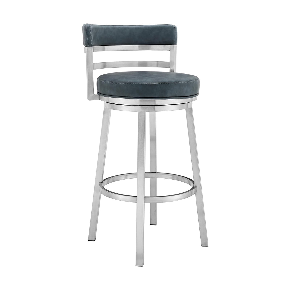 Armen Living Madrid 26" Counter Height Swivel Blue Faux Leather and Brushed Stainless Steel Bar Stool