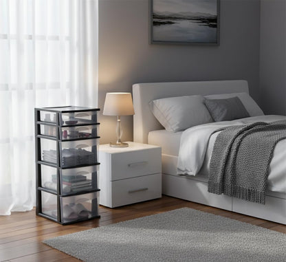 Italhome Cajonera FOX 5 de Plástico 5 Cajones Transparentes, Organizador Multiusos para Hogar y Oficina, Mueble Resistente Fácil Armado, Color Negro