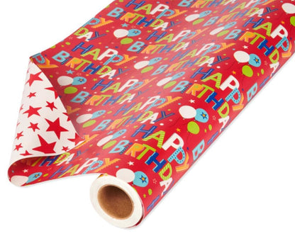 American Greetings 175 sq. Papel de regalo reversible, para cumpleaños, letras de feliz cumpleaños y estrellas (1 rollo jumbo, 30 pulgadas x 70 pies)