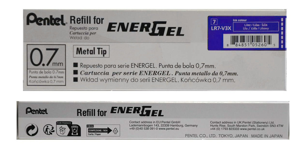 Pentel - Tinta de repuesto para bolígrafo de gel EnerGel, punta de metal de 0,7 mm, mediano, tinta lila, paquete de 12 (LR7-V3)