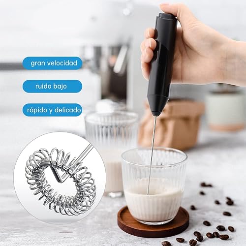 Espumador de Leche, Batidora de Mano, Espumador de Leche Electrico, Batidora de Cafe, Acero Inoxidable Portátil Batidor de Eléctrica para Lattes, Capuchino, Frappe Matcha, Chocolate