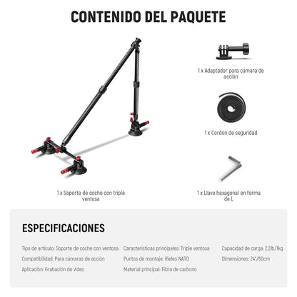 NEEWER - Kit de Montaje para Automóvil con Triple Ventosa, Soporte para cámara de Fibra de Carbono con Adaptador de cámara de acción, riel NATO y Poste de extensión de 60 cm Compatible con GoPro Insta360