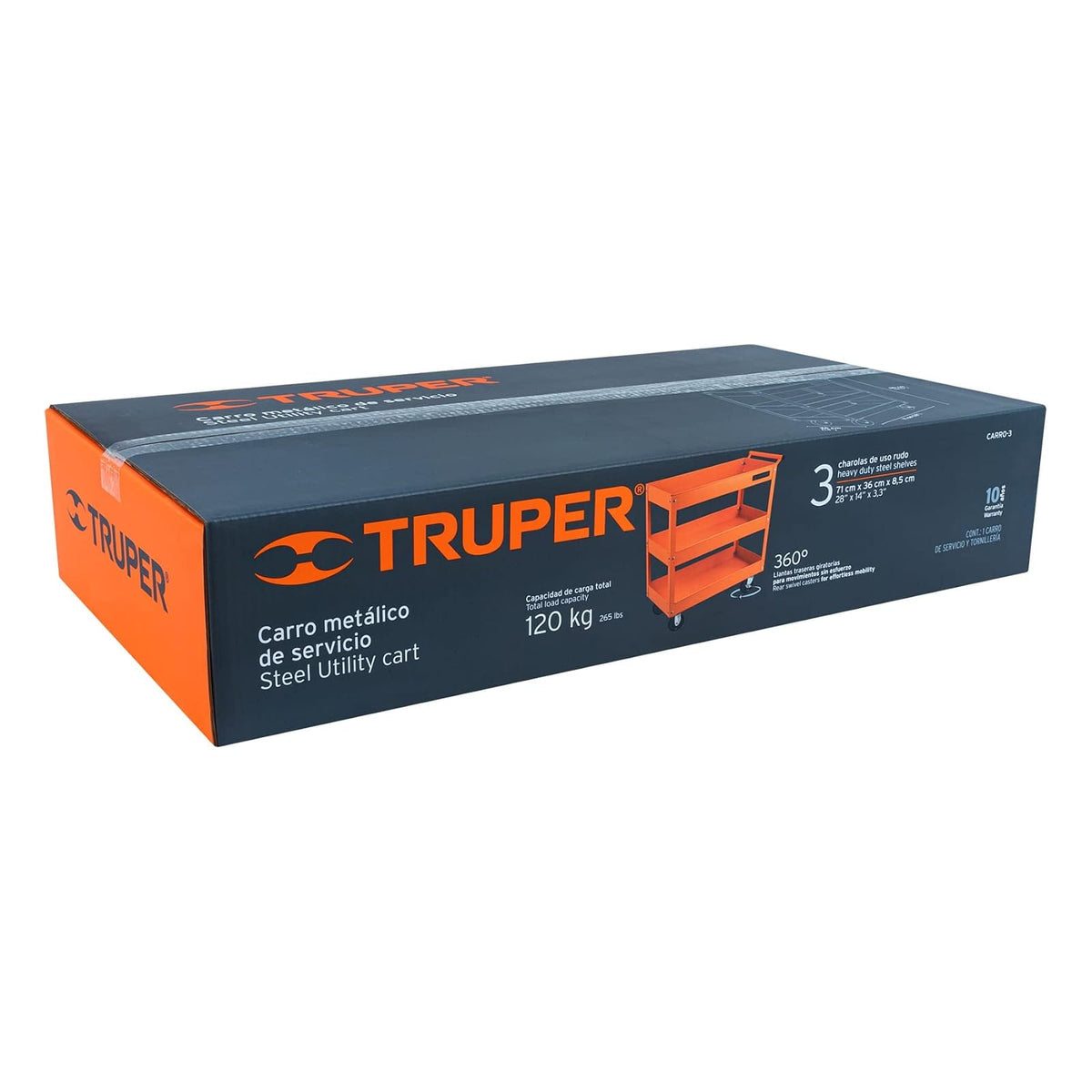 Truper CARRO-3, Carro de servicio, 3 charolas, lámina de acero