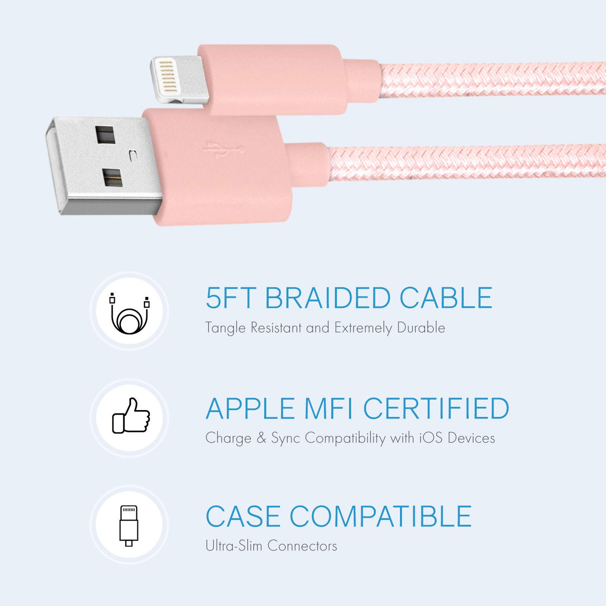 Realm Nylon trenzado Lightning a USB A – Cargador Apple iPhone certificado MFi, 1,5 m, oro rosa