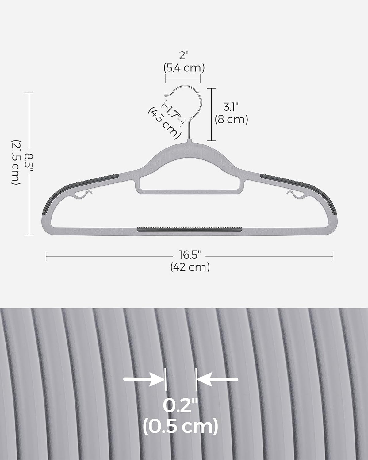 SONGMICS UCRP0020G01 - Paquete de 60 Perchas de plástico Que ahorran Espacio, Antideslizantes, 0.2 Pulgadas Delgadas, 16.5 Pulgadas de Ancho, Gancho Plateado Giratorio de 360°, Gris Claro y Oscuro