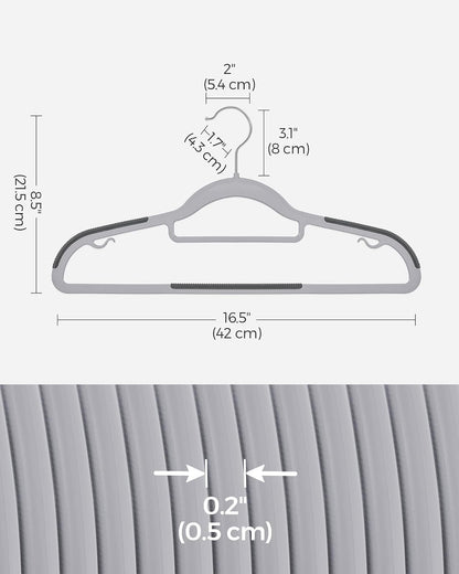 SONGMICS UCRP0020G01 - Paquete de 60 Perchas de plástico Que ahorran Espacio, Antideslizantes, 0.2 Pulgadas Delgadas, 16.5 Pulgadas de Ancho, Gancho Plateado Giratorio de 360°, Gris Claro y Oscuro