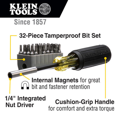 Klein Tools 32510 Desarmador de punta magnética con 32 puntas inviolables de diferentes tamaños en un cómodo soporte.