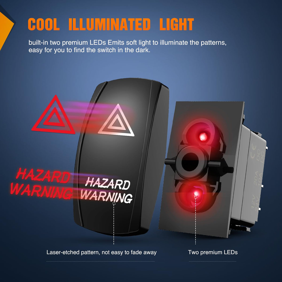 Nilight - Interruptor de advertencia de peligro de 5 pines, interruptor SPST de encendido y apagado láser de 20 A/12 V, 10 A/24 V, luz LED roja de emergencia con cables de puente para