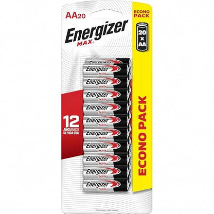 Energizer - Pilas Alcalinas AA, MAX Econopack, 1.5V, Paquete de 20 | Diseñadas para cámaras, consolas, juguetes y dispositivos electrónicos de uso cotidiano.