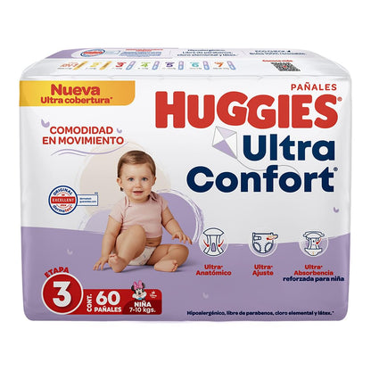 HUGGIES UltraConfort Pañal Desechable para Bebé, Etapa 3, Niña, Caja con 180 Piezas, Ideal para Bebés de 7 a 10 kg