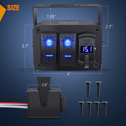 Nilight 90311B-C Caja de 2 Interruptores Basculantes SPST 12 V con Puerto USB Tipo C, QC 3.0 y Voltímetro, Impermeable, para Barco y Auto