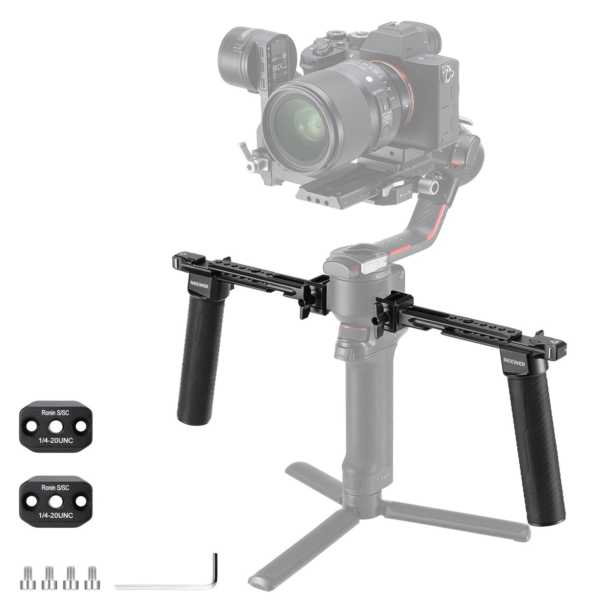 NEEWER Doble Mango Compatible con dji RS5 RS4 RS4 Pro RS3 RS3 Pro RS2 RSC2 Ronin S SC Gimbal, Kit Doble Mango con 2 Mini Rieles NATO, Abrazaderas NATO Liberación Rápida, Roscas de 1/4" y 3/8", GA006