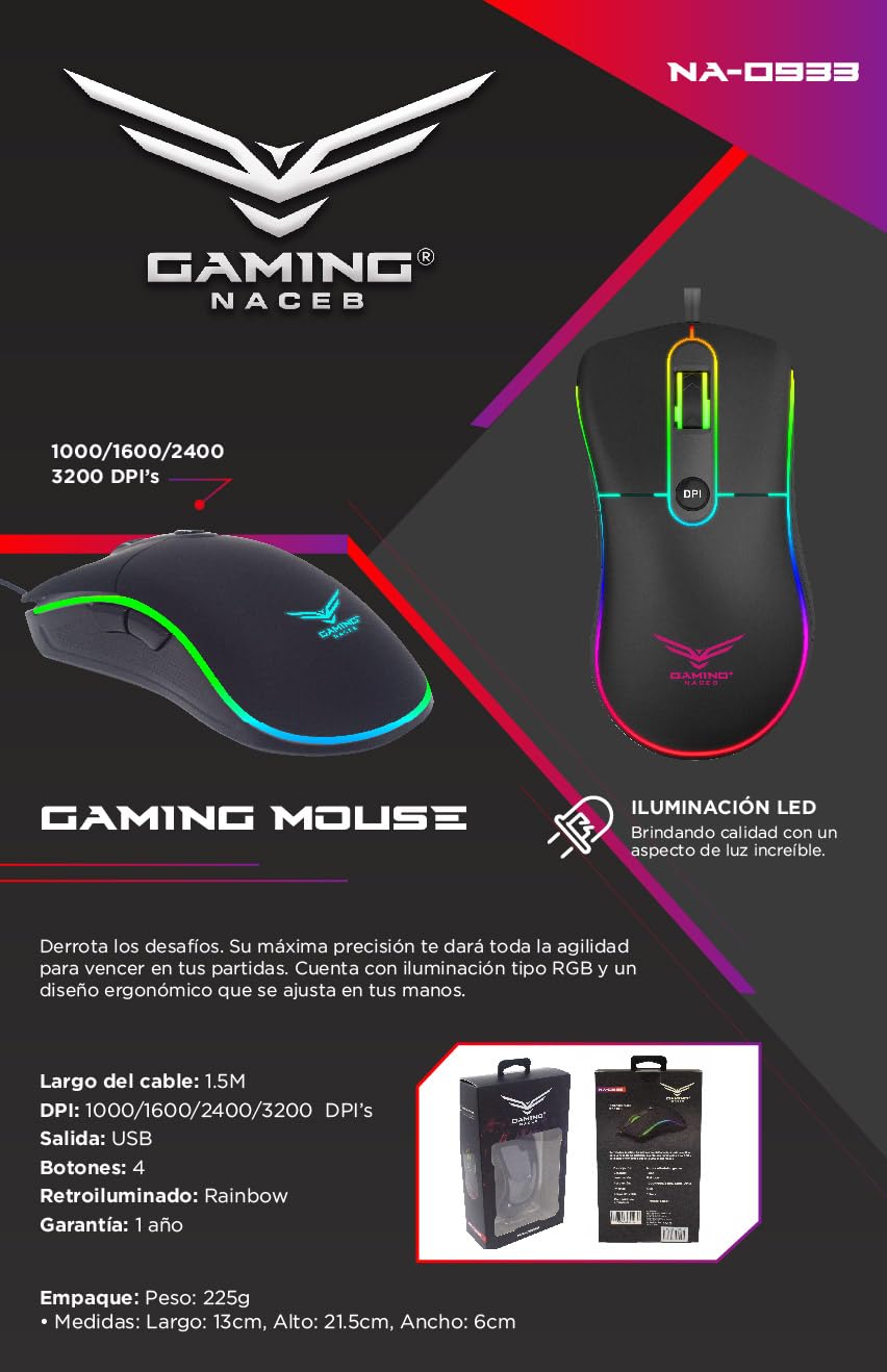 Gaming Naceb Mouse Gamer Retroiluminado NA-0933 RGB con Cable USB - Mouse Ergonómico dpi Ajustable hasta 3200 con 4 Botones Programables para PC Gaming - Negro