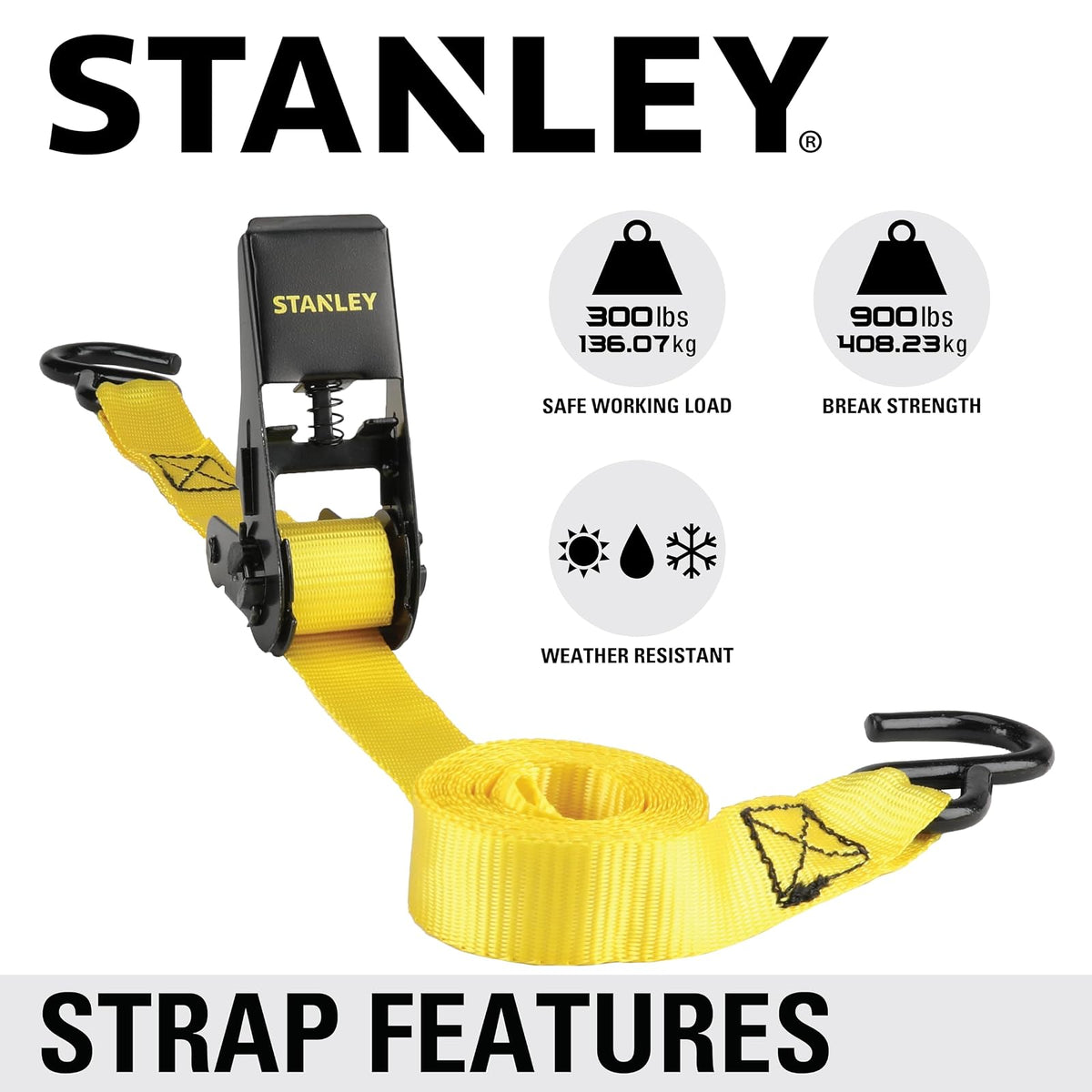 Stanley Correas de Carraca S9500, 2.5 cm x 3 m, Carga de 136 kg, Negro/Amarillo, Paquete de 4