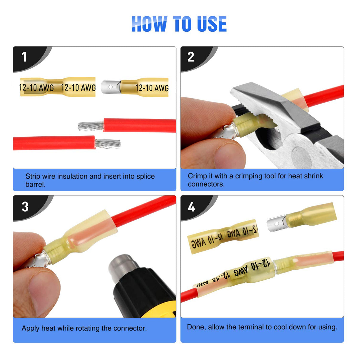 Nilight 250 Conectores de Pala Termorretráctiles Macho y Hembra 22-10AWG | Rojo/Azul/Amarillo, 22-10 AWG, macho y hembra, tubo de doble pared, sellado adhesivo