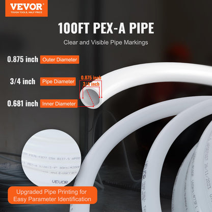 VEVOR PEX Pipe 3/4 pulgadas, 100 pies sin oxígeno PEX-A tubo flexible para agua potable, para agua fría/caliente y restauración fácil, aplicaciones de plomería con cortador última intervensión, blanco