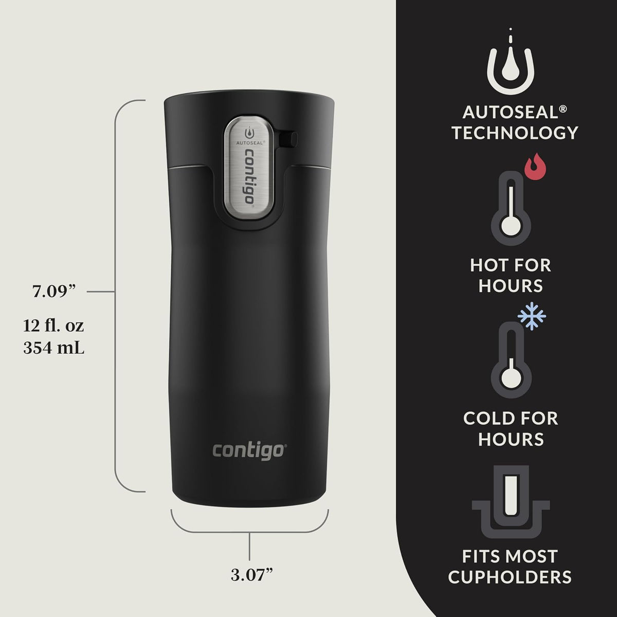Contigo AUTOSEAL West Loop - Taza de viaje de acero inoxidable aislada al aspiradora con tapa fácil de limpiar, 12 onzas, negro mate