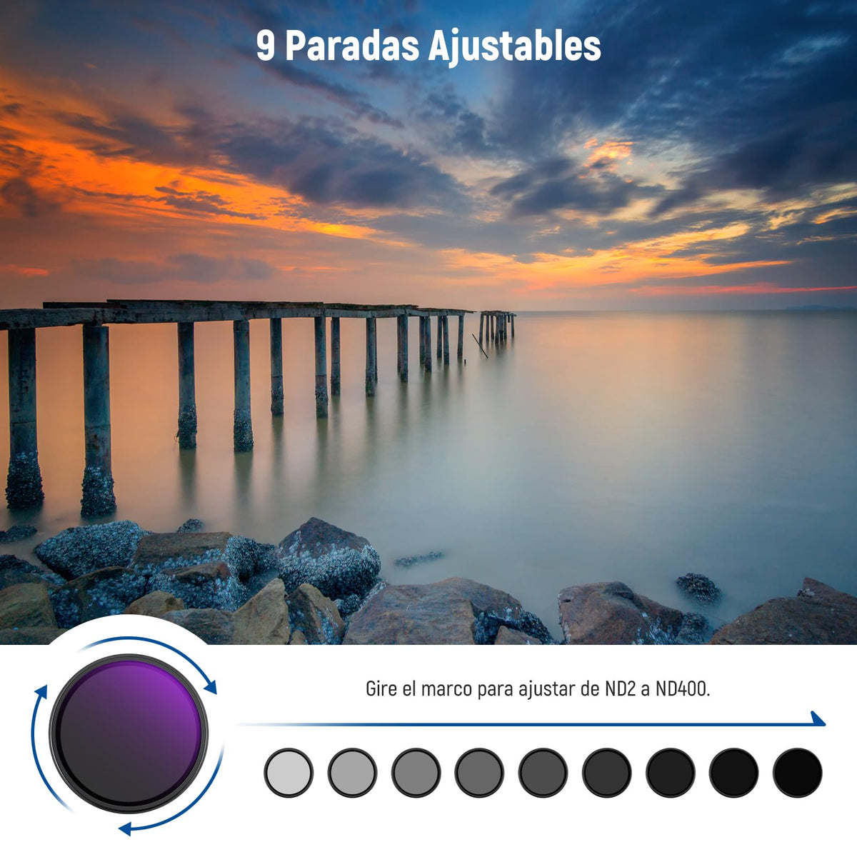 NEEWER 82mm Filtro ND Variable ND2-400 (1-9 Paradas) con Tapa de Lente, Cordón, Paño de Limpieza, Ajuste Preciso de Densidad Neutra, Vidrio Optico Multicapa Resistente a Huellas Dactilares y Rayones