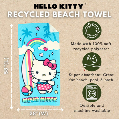Franco Sanrio Hello Kitty - Toalla de Baño 100% Reciclada, Súper Suave y Ligera, Hecha de Botellas de Plástico Reciclado, 60 x 30 Pulgadas (Producto Oficial de Sanrio)