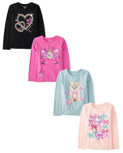 The Children's Place Camiseta Gráfica Manga Larga Niña, Paquete de 2 - Unicornio - lazos - amor - gato paquete de 4 - G