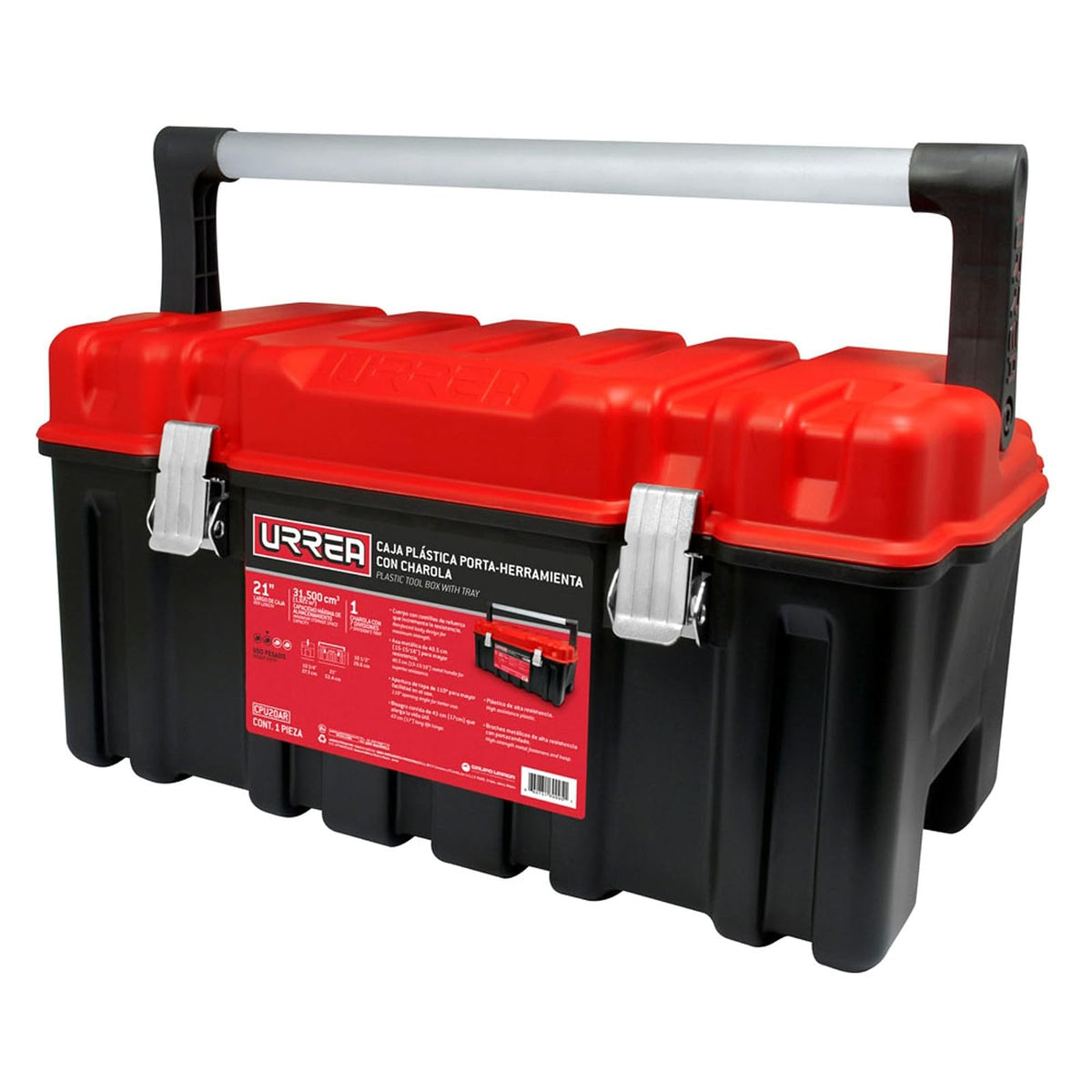 Urrea Caja Portaherramientas Plástica con Charola - Con charola - 21" x 11" x 10" - Tapa roja