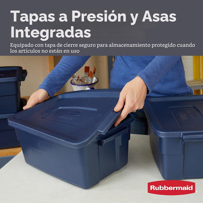 Rubbermaid Roughneck - Bolsa de 3 galones, paquete de 6, fabricado en Estados Unidos, metal índigo oscuro, contenedores de almacenamiento apilables de plástico resistente con tapas y asas