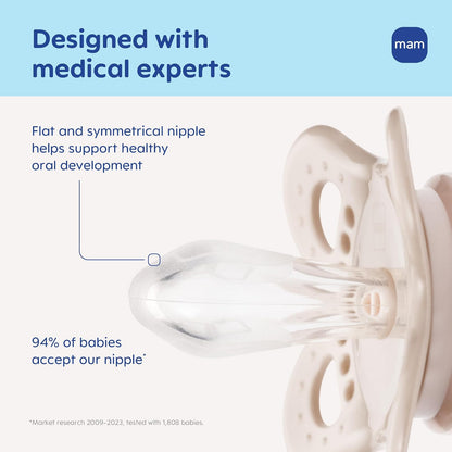 MAM - Chupones originales mate para bebé, Binky para niñas de 0 a 6 meses, pezón de silicona sin BPA, fácil de limpiar, mejor para bebés lactantes, desarrollado con expertos médicos, 4 unidades