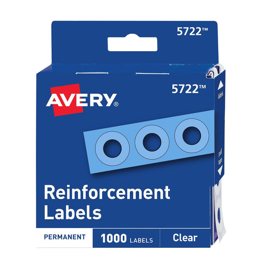 Avery Pegatinas autoadhesivas de refuerzo de agujeros, etiquetas de refuerzo de perforaciones de 1/4 pulgadas de diámetro, transparentes, no imprimibles, 1000 etiquetas en total (5722)