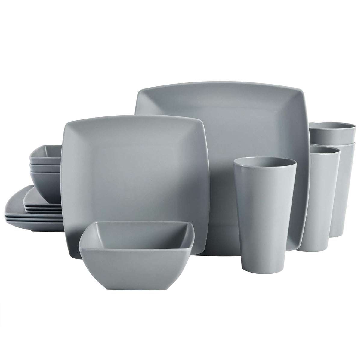 Gibson Home Soho Grayson - Vajilla cuadrada de plástico de melamina para cuatro (16 piezas), color gris