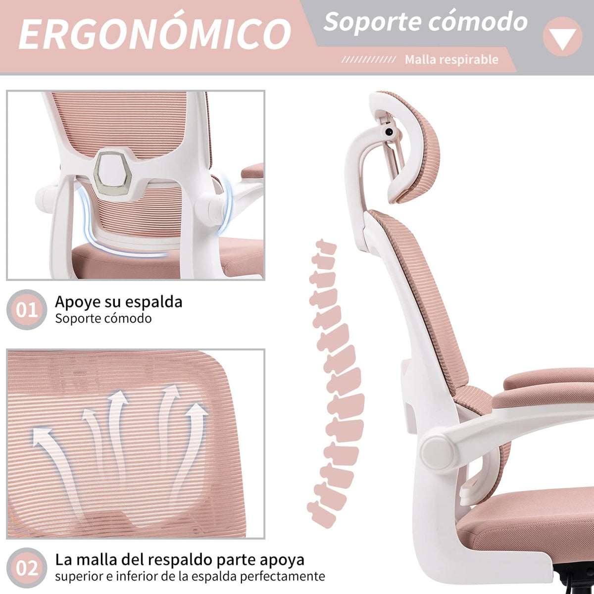 COKOS Silla Oficina ergonómica de Respaldo Alto con Soporte Lumbar Ajustable y reposacabezas Altura reclinable descansabrazos Ajustables Silla Gamer sillas para Escritorio Silla ergonomica Rosa