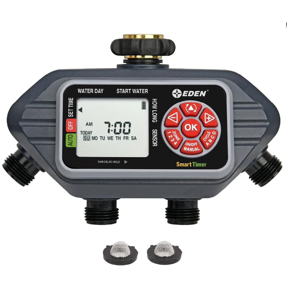 Eden 93413 Temporizador Digital programable de Agua de 4 Zonas, Compatible con Sensor inalámbrico de Humedad del Piso