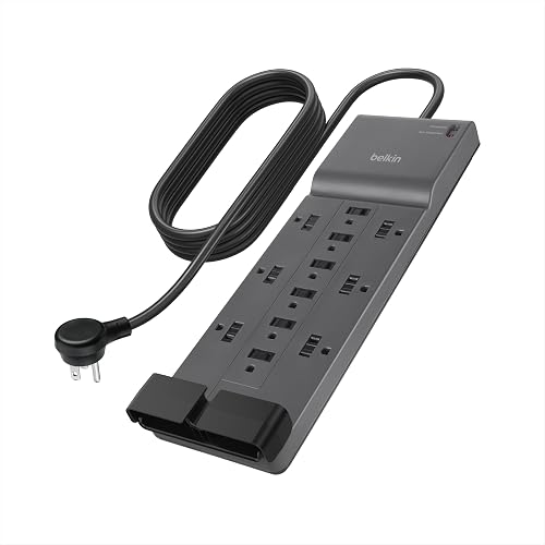 Belkin - Supresor de Picos de Corriente con 12 tomacorrientes de CA y Enchufe Plano, Cable de extensión Resistente de 2.4 MTS