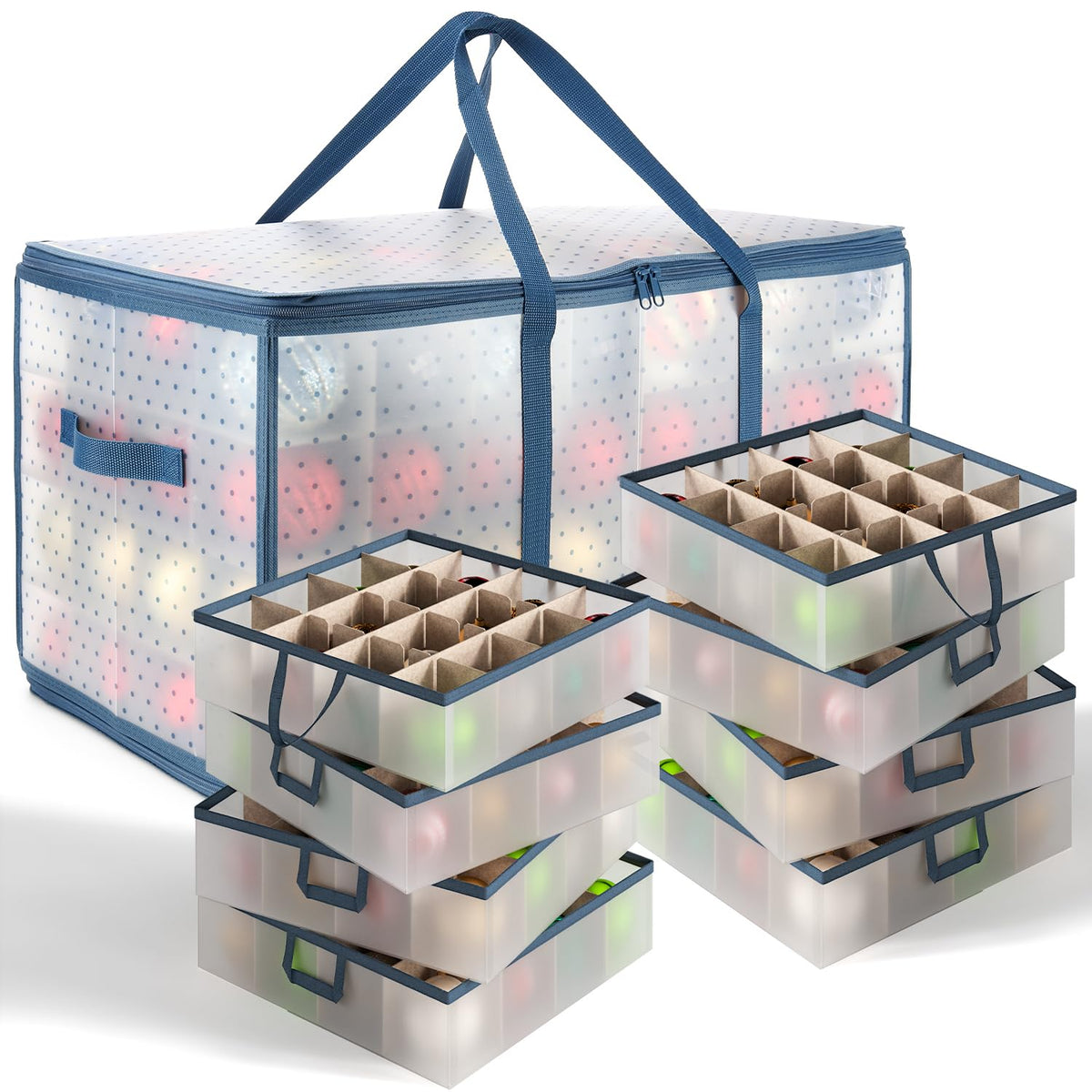 Hearth & Harbor Caja grande de almacenamiento de adornos de Navidad con separadores ajustables, contenedor de almacenamiento de adornos de plástico para 128 adornos o decoraciones navideñas