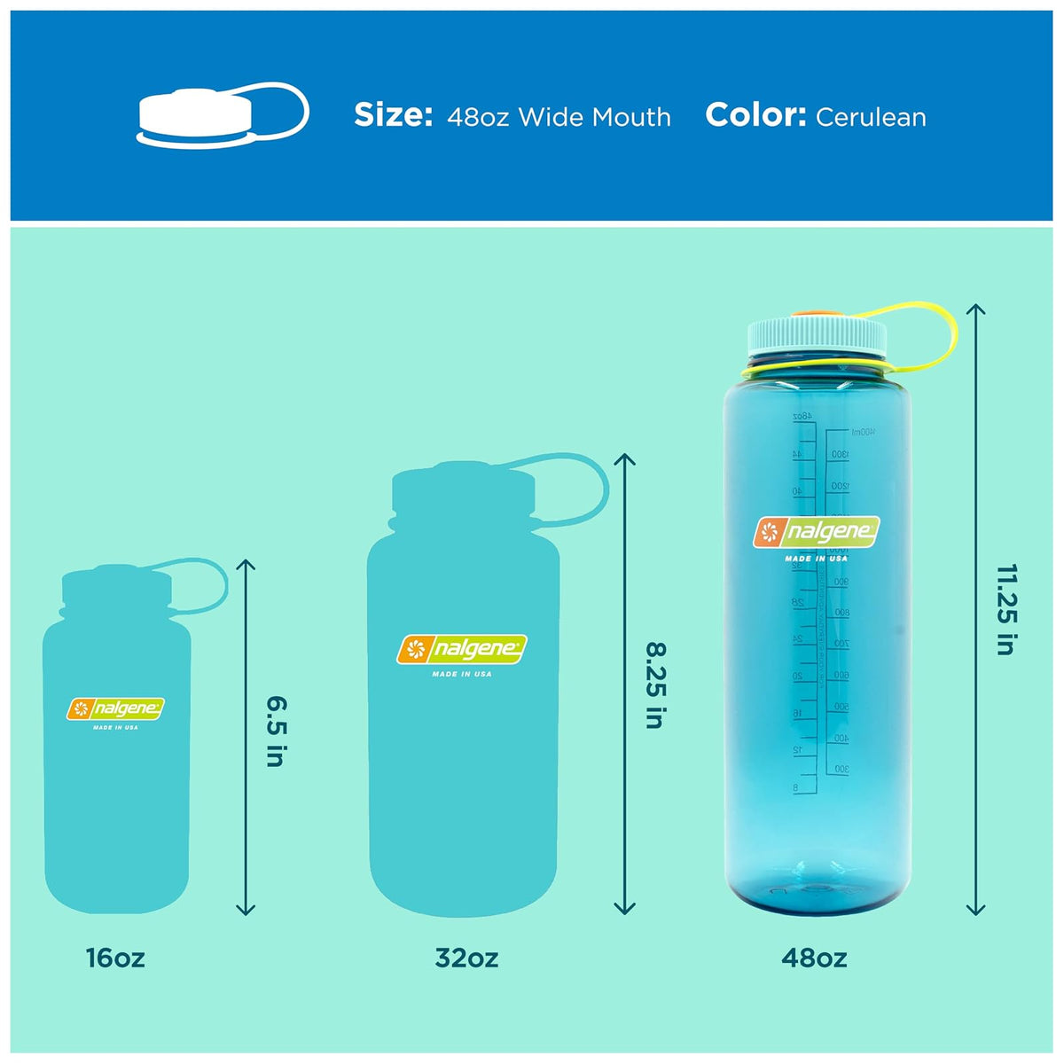 Nalgene Sustain Tritan - Botella de agua sin BPA fabricada con material derivado de 50% residuos de plástico (utilizando balance de masa certificado ISCC), 44 onzas, boca ancha, cerúlea