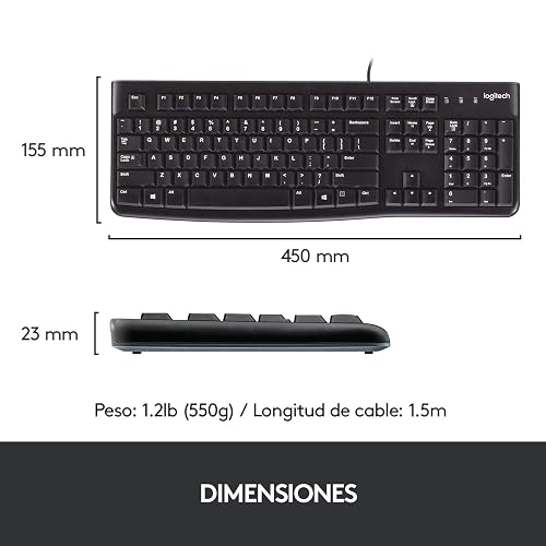 Logitech K120 Teclado con Cable para Windows, Plug-and-Play USB, Tamaño Normal, Resistente a Las Salpicaduras, Barra Espaciadora Curvada, Compatible con PC, Laptop - Negro
