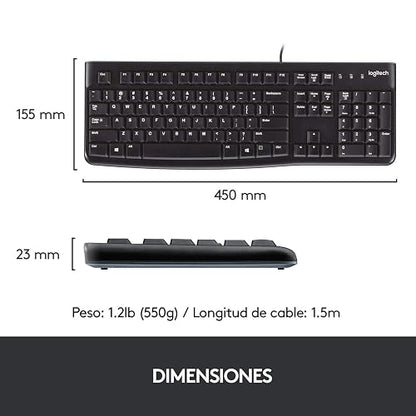 Logitech K120 Teclado con Cable para Windows, Plug-and-Play USB, Tamaño Normal, Resistente a Las Salpicaduras, Barra Espaciadora Curvada, Compatible con PC, Laptop - Negro