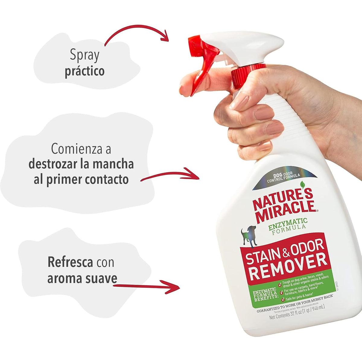 Nature's Miracle - Removedor de manchas y olores para perros, spray enzimático - 946ml - Para orina y otros desechos en alfombras, pisos, muebles y más
